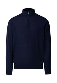 Tmavomodrý dlhý sveter s vysokým golierom a predným štvrťovým zipsom, rebrovanými manžetami a lemom, zobrazený na bielom pozadí.