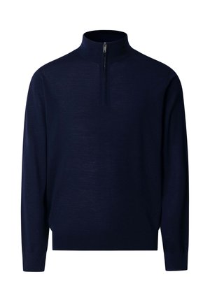 Tmavomodrý dlhý sveter s vysokým golierom a predným štvrťovým zipsom, rebrovanými manžetami a lemom, zobrazený na bielom pozadí.