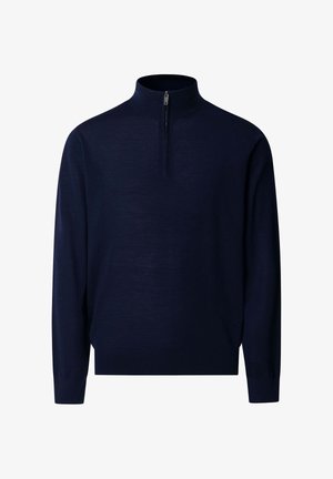 Laivastonsininen pitkähihaisen neulepaita, jossa on korkea kaulus ja etupuolella neljänneksen mittainen vetoketju, resorit hihansuissa ja helmassa, valkoisella taustalla.