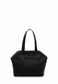 Black leather handbag with a textured finish, featuring two sturdy handles and a front zip pocket. Diamond-shaped body design.