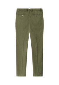 Maslinasto zelene krojene hlače s gumbe na stražnjim džepovima s otvorima, petljama za remen i ravnim krojem nogavica.