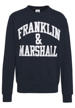 Marineblaues Sweatshirt mit langen Ärmeln und weißem, fettem Schriftzug "FRANKLIN & MARSHALL" auf der Vorderseite.