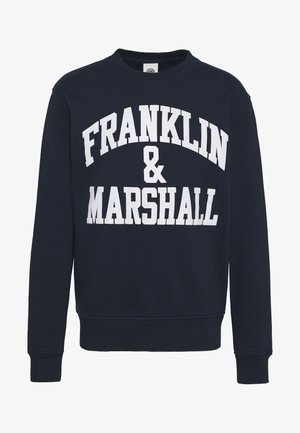 Mørkeblå sweatshirt med lange ærmer og hvid fed skrift "FRANKLIN & MARSHALL" trykt foran.