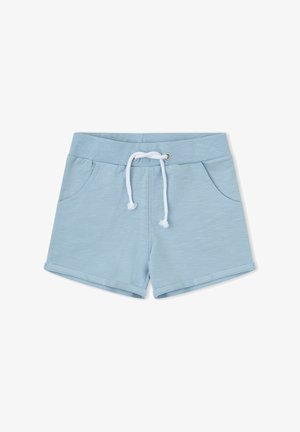 Pantalones cortos casuales azul claro con cintura elástica y cordón blanco, con bolsillos laterales y dobladillos enrollados.