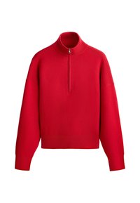 Pull rouge à manches longues avec un col haut côtelé et une fermeture à demi-zip au centre devant.