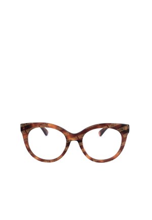 Montatura per occhiali a forma di occhio di gatto in tartaruga con la scritta "MOSCHINO" stampata ripetutamente su fronte e aste della montatura.