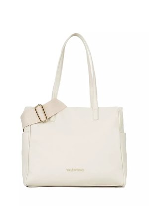 Borsa tote color crema Valentino con doppi manici, tracolla larga staccabile e logo dorato al centro davanti.