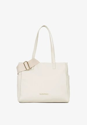 Borsa tote color crema Valentino con doppi manici, tracolla larga staccabile e logo dorato al centro davanti.