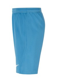 Modré sportovní šortky vyrobené z lehkého materiálu. Mají elastický pas a malé bílé logo na spodní straně. Klasický design.