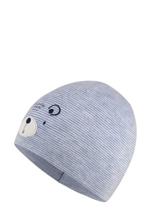 Blau gestreifte Baumwoll-Strickmütze mit Bärenkopfmuster, ausgestattet mit gestickten Details für Augen und Nase. Sanfte Textur und enger Sitz.