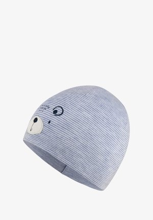 Blue striped cotton knit beanie with a bear face design, featuring embroidered details for eyes and nose. Smooth texture and snug fit.