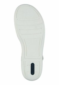 Suola di scarpa in gomma bianca con superficie texturizzata, caratterizzata da scanalature a coste e un logo "remonte" nero vicino al tallone per aderenza e stabilità.