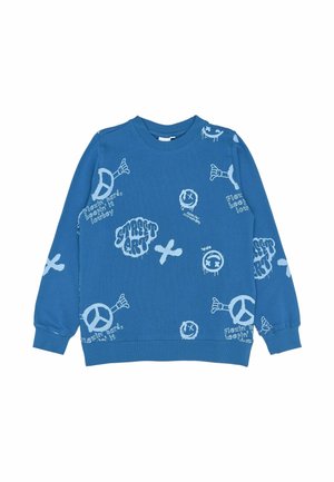 Niebieska bluza z nadrukiem inspirowanym graffiti, z ściągaczem przy dekolcie i mankietach, wykonana z miękkiego materiału bawełnianego.