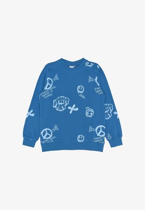 Mėlynas džemperis su grafiti stiliaus tekstu ir dizainais, su raukšlėta apykakle ir rankogaliais, pagamintas iš minkštos medvilnės.