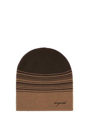 Two-tone brown knit beanie with horizontal stripes in the middle and "bugatti" logo embroidered on the lower edge.