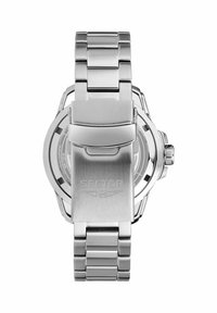 Silberner Edelstahl-Uhrenarmband mit einem Metallgliedarmband, einem runden Gehäuse und einem Verschluss mit dem "SECTOR"-Logo auf der Rückseite.