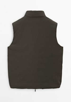 Sleeveless dark gray padded vest with high collar and visible bottom zipper, shown from the back on a white background.