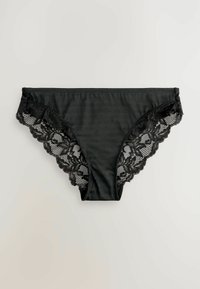 Schwarze Unterwäsche mit Spitzenbesatz, die aus einem gerippten Stoff gefertigt ist. Sie weist gewellte Kanten und florale Spitze an beiden Seiten auf und hebt ein strukturiertes Design hervor.