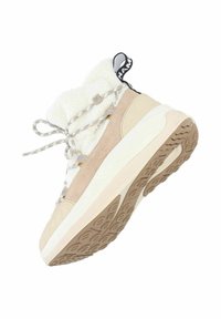 Beige enkellaarsjes met witte bontvoering, gestructureerd suede en synthetische materialen, met grijze veters en een gerubberde zool met patroon.