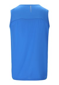 T-shirt de sport sans manches bleu vu de dos avec une petite bande réfléchissante verticale près de l'encolure.