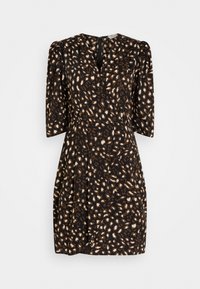 Svart klänning med V-ringning, korta puffärmar och en inslagningdesign. Har ett mönster med brun och krämfärgad leopardprick. Mjuk tygstruktur.