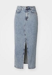 Světlé modré džíny sukně s předním rozparkem, vysokým pasem, poutky na pásek a designem s pěti kapsami. Vyrobeno z texturované bavlněné tkaniny.