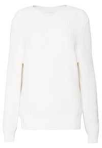 Jersey blanco de punto con mangas largas, cuello redondo y puños y bajo acanalados.