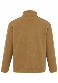 Braune Fleecejacke mit hohem Kragen, langen Ärmeln und strukturiertem Material. Sie hat eine lockere Passform und einen geraden Saum auf Taillenhöhe.