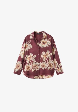 Chemise à manches longues boutonnée en mauve profond avec un grand imprimé floral crème et beige, col à pointes écartées et ourlet arrondi.