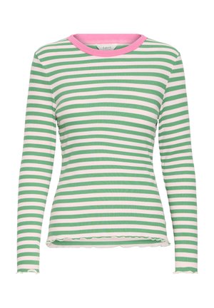 Garums piedurkņu ribots krekls ar horizontālām zaļām un baltām svītrām, rozā apaļu kakla izgriezumu un nedaudz viļņainiem apakšmaliem un piedurknēm.