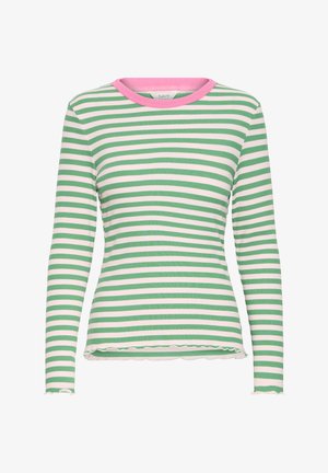 Pikad varrukad ribateksast särk, millel on horisontaalsed rohelised ja valged triibud, roosa ümmargune kaelus ning kergelt volangiga allääred ja varrukaotsad.