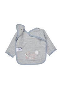 Striped blue cotton bib with long sleeves, featuring an embroidered fox design and snap closures at the collar for easy wear.