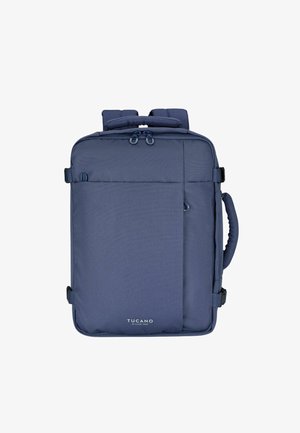 Zaino Tucano blu navy con manico imbottito, spallacci regolabili, tasca frontale e chiusure con cerniera su sfondo bianco.