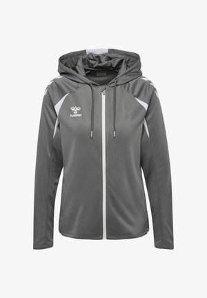 Grå Hummel trøje med lynlås, hvide detaljer, snore og et logo på venstre bryst, designet til atletisk brug.