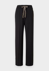 Zwarte, losse broeken met een elastische tailleband, voorzien van een drawstring in luipaardprint. Gladde stof met zijplooien voor extra structuur.