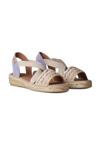 Strappy sandals with a woven toe section featuring multicolored threads, beige fabric straps, and a jute-wrapped sole.