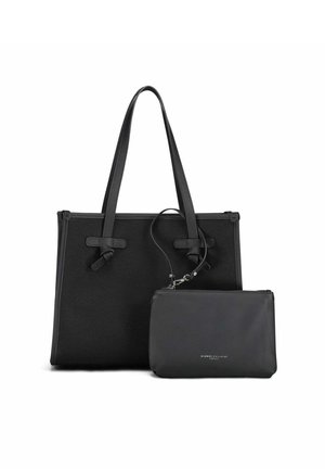 Zwarte tote bag met twee handvatten en ritssluiting, voorzien van een kleine afneembare pouch. Glad oppervlak, minimalistisch ontwerp en geen zichtbare patronen.