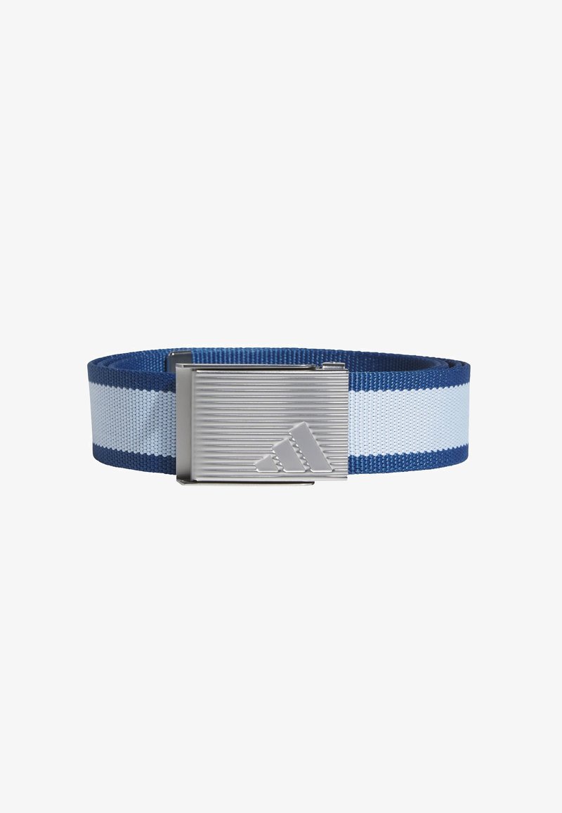 Tmavě modrý a bílý pruhovaný látkový pás se stříbrnou kovovou sponou s diagonálními rýhami a trojúhelníkovým logem.