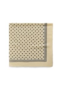 Foulard carré beige clair avec des pois noirs et une fine bordure noire double sur deux côtés, posé à plat.