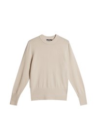 Maglione beige in maglia con scollo rotondo a coste e maniche lunghe. Presenta polsini e orlo a coste. Logo discreto ricamato sul petto.