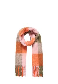 Blød uldne tørklæde med frynser, der har et stort ternet mønster i pink, orange og oliven grønne farver.
