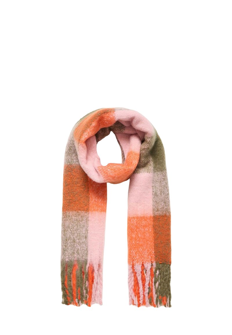 Blød uldne tørklæde med frynser, der har et stort ternet mønster i pink, orange og oliven grønne farver.