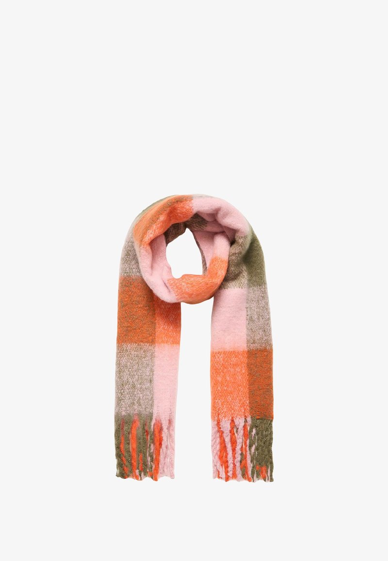 Blød uldne tørklæde med frynser, der har et stort ternet mønster i pink, orange og oliven grønne farver.