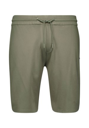 Olijfgroene shorts van zachte stof, met een elastische tailleband en een trekkoord, en zijzakken. Eenvoudig, veelzijdig ontwerp.