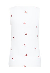 Haut blanc sans manches avec de petites broderies florales rouges dispersées, ourlet droit et encolure ronde.