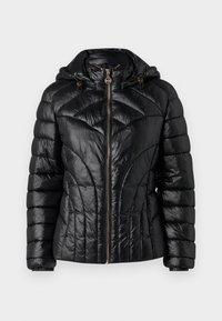 Giubbotto invernale nero con design trapuntato, cappuccio e zip dorata. Materiale testurizzato con maniche voluminose e polsini aderenti.