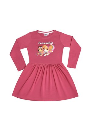 Langärmliges pinkfarbenes Kinderkleid mit Cartoon-Hundemotiven und dem Wort "Friendship" auf der Brust gedruckt.