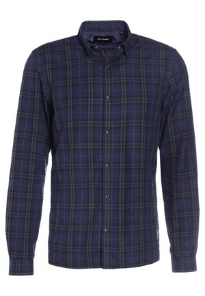 Lange mouwen overhemd voor mannen met een donkerblauw en groen ruitpatroon, gestructureerde kraag en zwarte knopen.