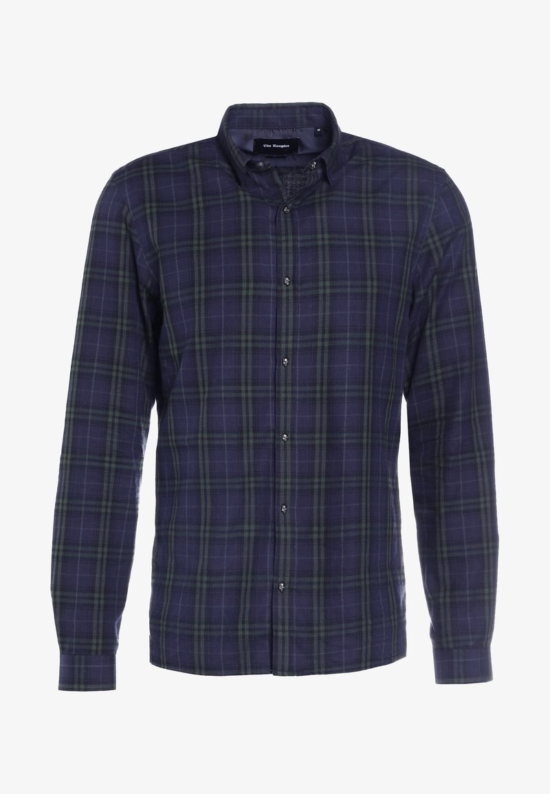 Chemise pour hommes à manches longues avec un motif à carreaux bleu foncé et vert, col structuré et boutons noirs.