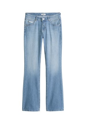 Hellblaue Jeans aus Denim mit leichtem Verblassen, geraden Beinen, einer vorderen Knopf- und Reißverschlussleiste sowie einem Fünf-Taschen-Design.